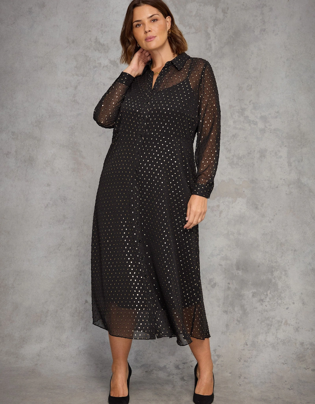 Black Metallic Spot Button Through Midaxi Dress