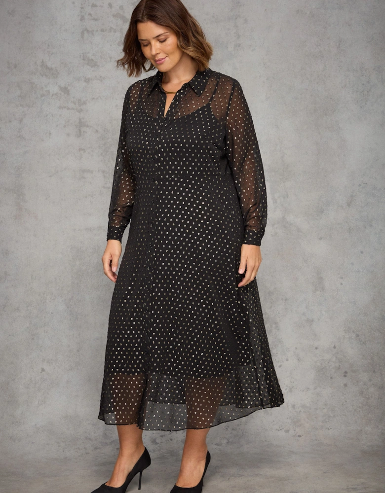 Black Metallic Spot Button Through Midaxi Dress