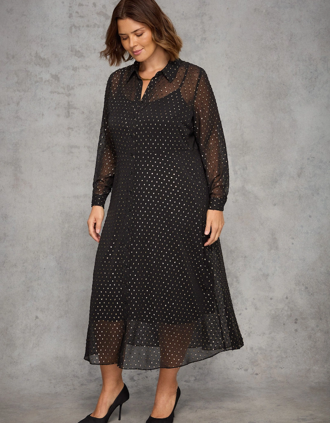 Black Metallic Spot Button Through Midaxi Dress