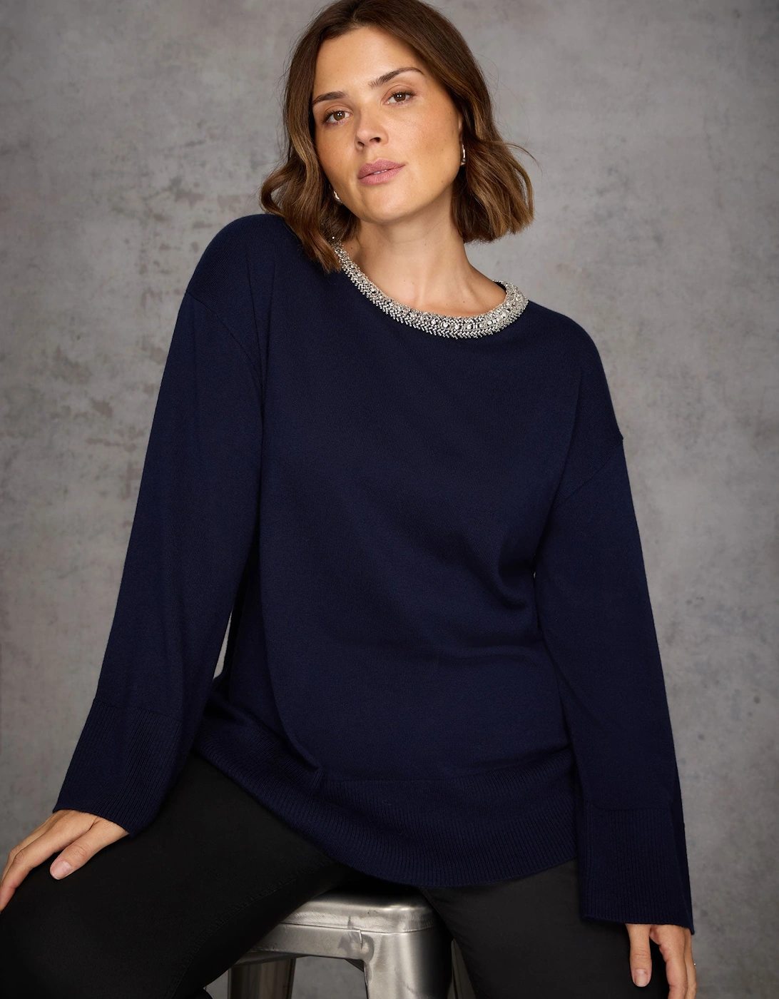 Navy Cashmere-Blend Jumper with Embellished Neckline, 5 of 4
