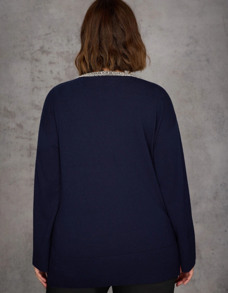 Navy Cashmere-Blend Jumper with Embellished Neckline