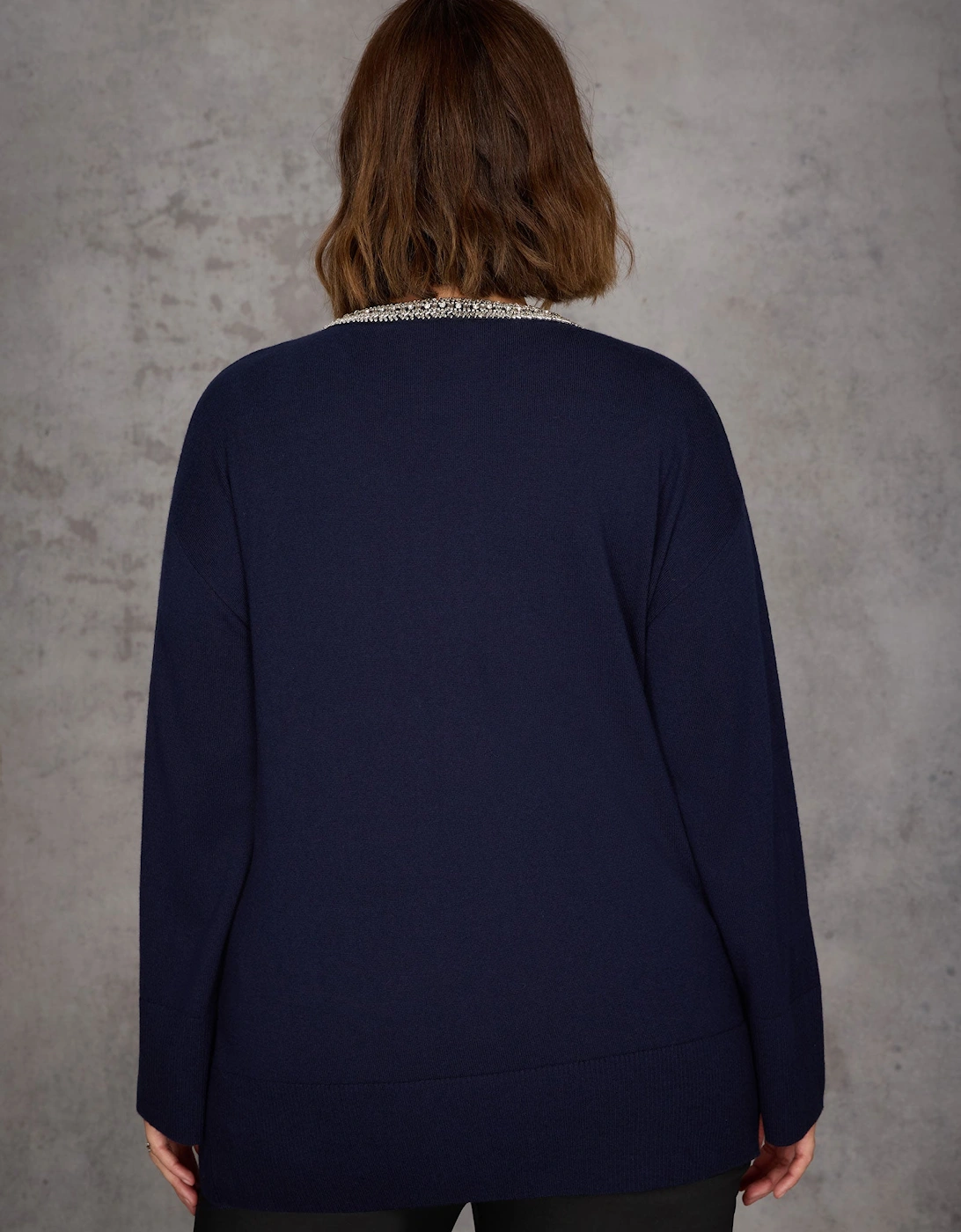Navy Cashmere-Blend Jumper with Embellished Neckline