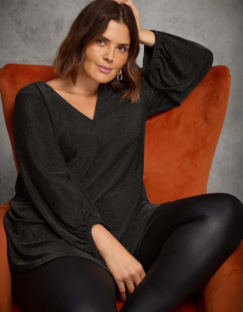 Petite Black Sparkle V neck Jersey Tunic