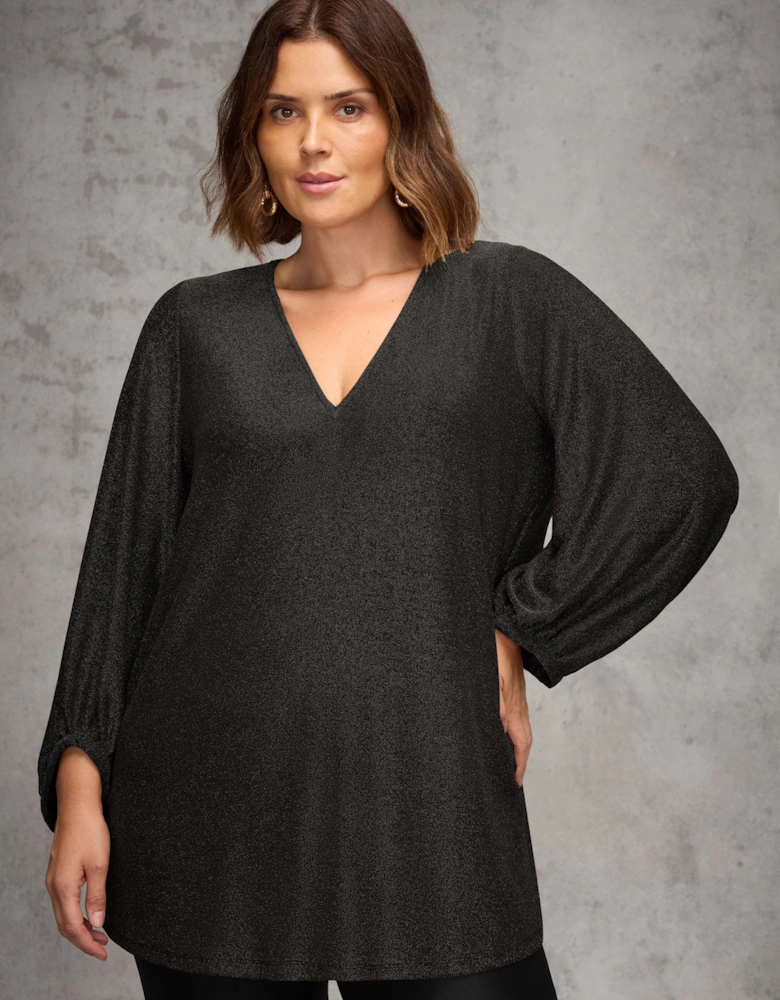 Petite Black Sparkle V neck Jersey Tunic