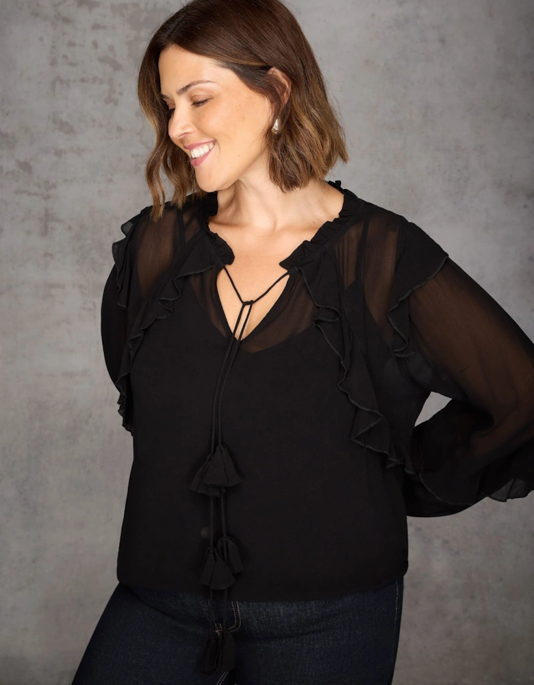 Black Ruffle Tie Neck Blouse