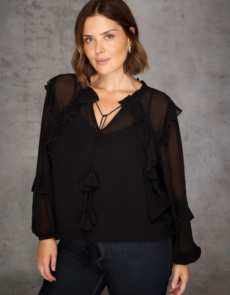 Black Ruffle Tie Neck Blouse