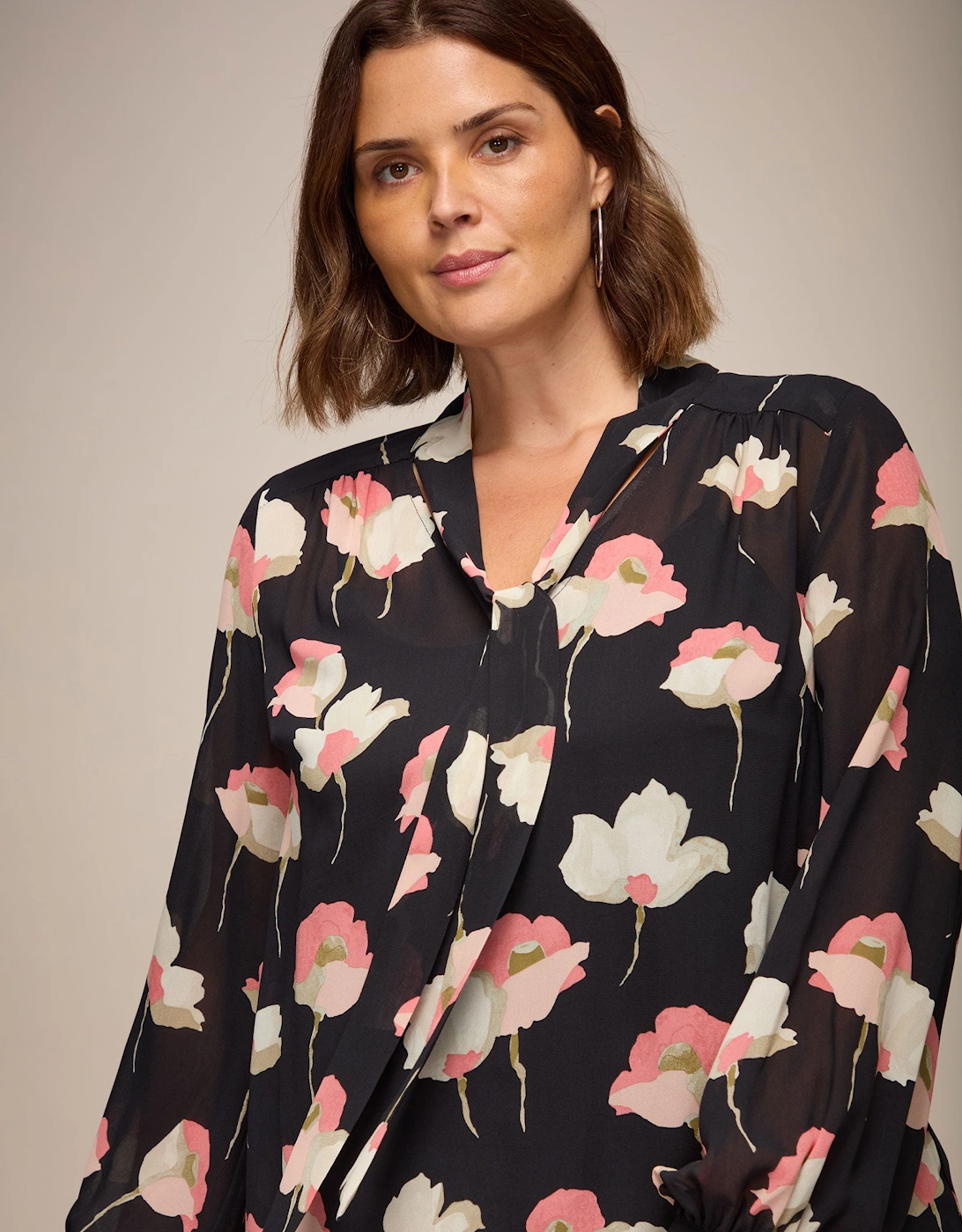 Black Floral Print Tie Neck Blouse