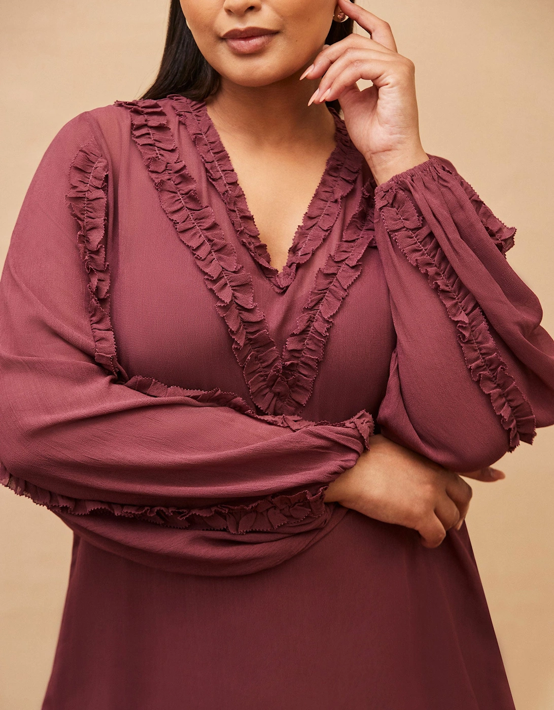 Burgundy Frill Trim V Neck Blouse