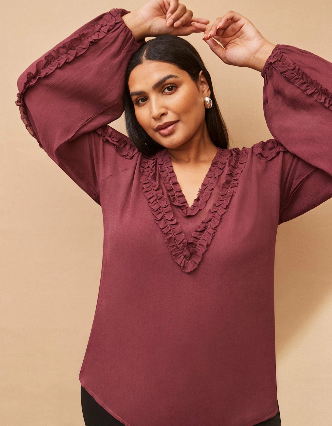 Burgundy Frill Trim V Neck Blouse