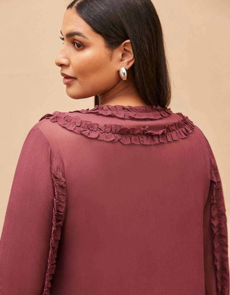 Burgundy Frill Trim V Neck Blouse