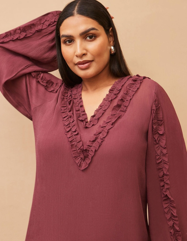 Burgundy Frill Trim V Neck Blouse
