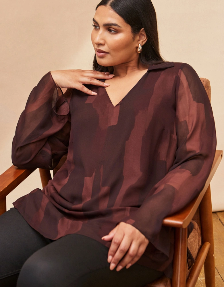 Chocolate Brown Abstract Print V Neck Collared Tunic