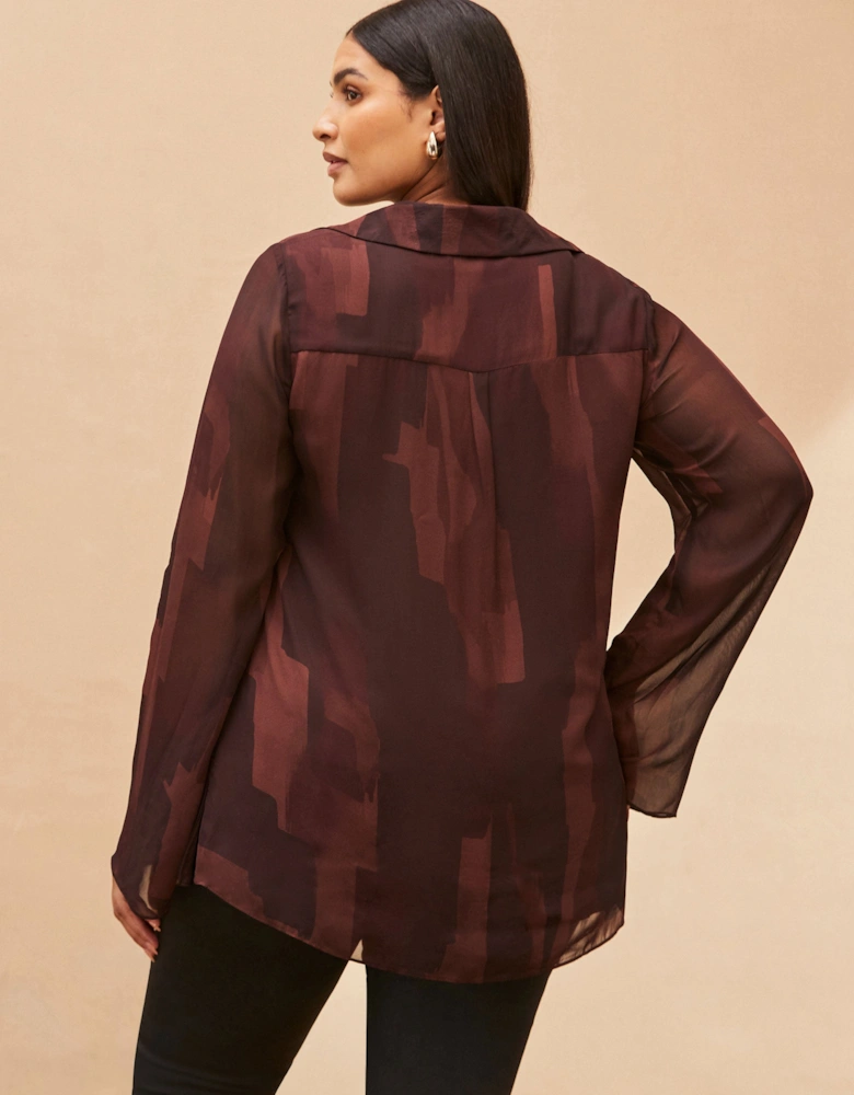 Chocolate Brown Abstract Print V Neck Collared Tunic