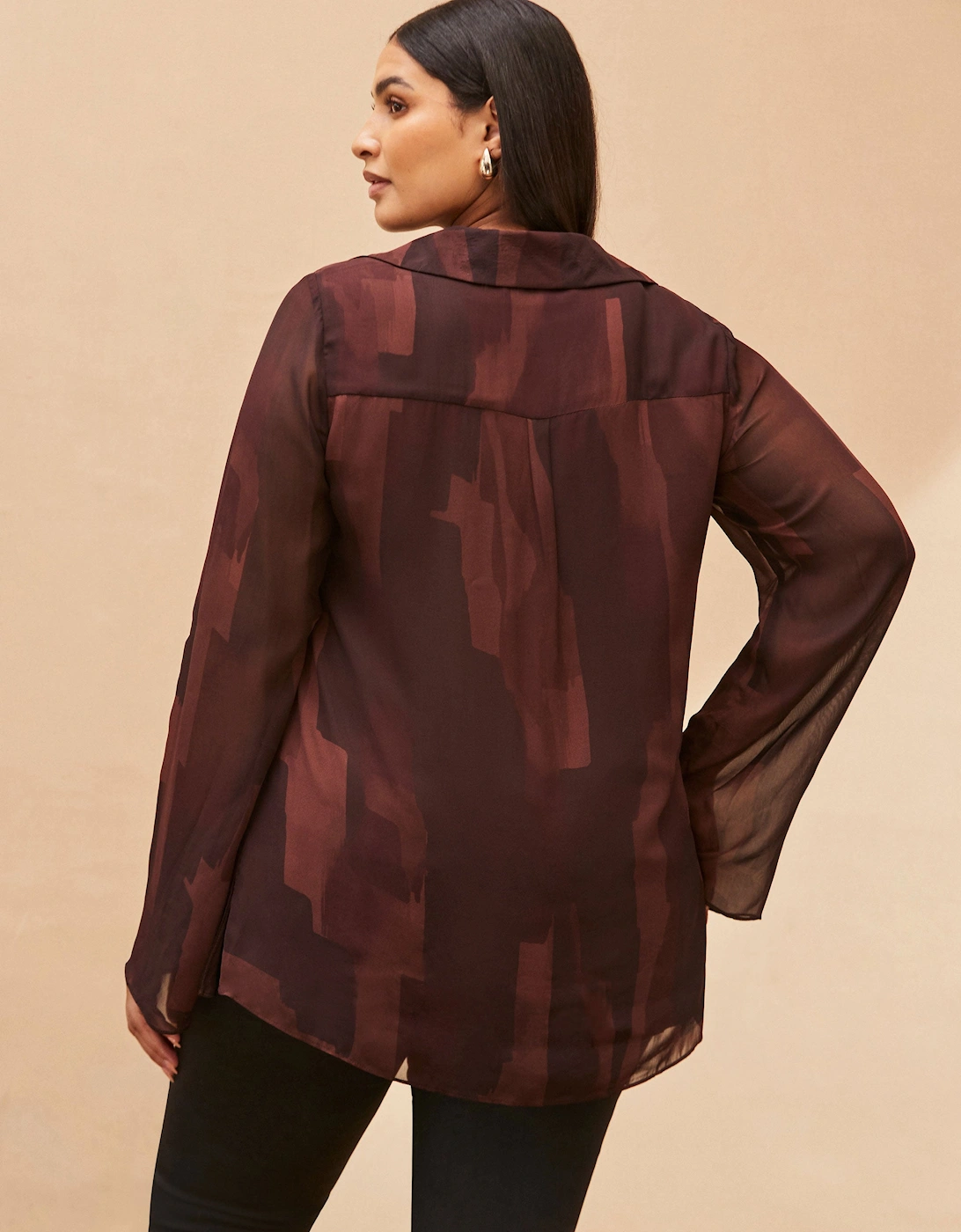 Chocolate Brown Abstract Print V Neck Collared Tunic