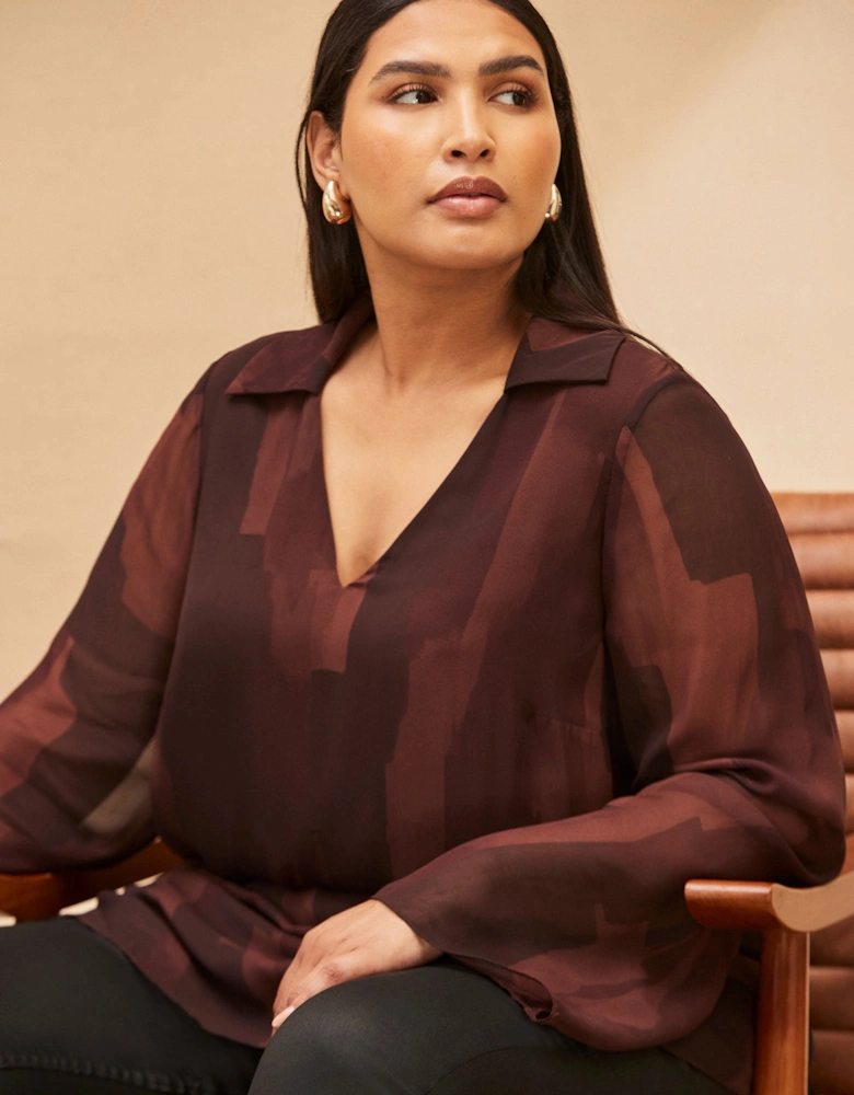 Chocolate Brown Abstract Print V Neck Collared Tunic