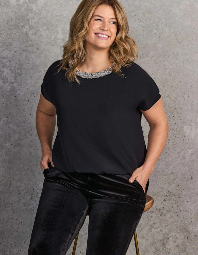 Black Embellished Neckline Top