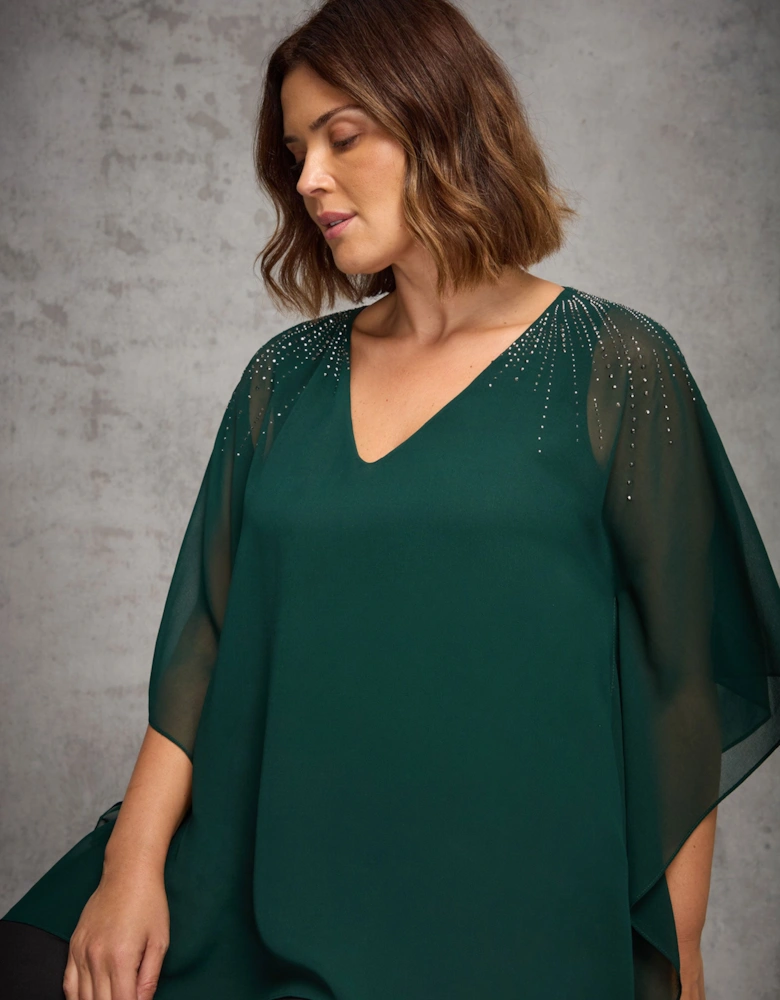 Green Embellished V Neck Overlay Top