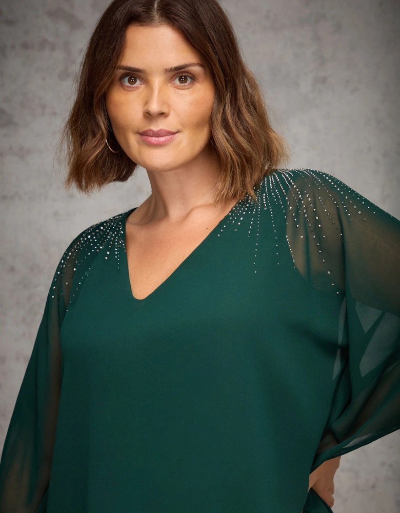 Green Embellished V Neck Overlay Top