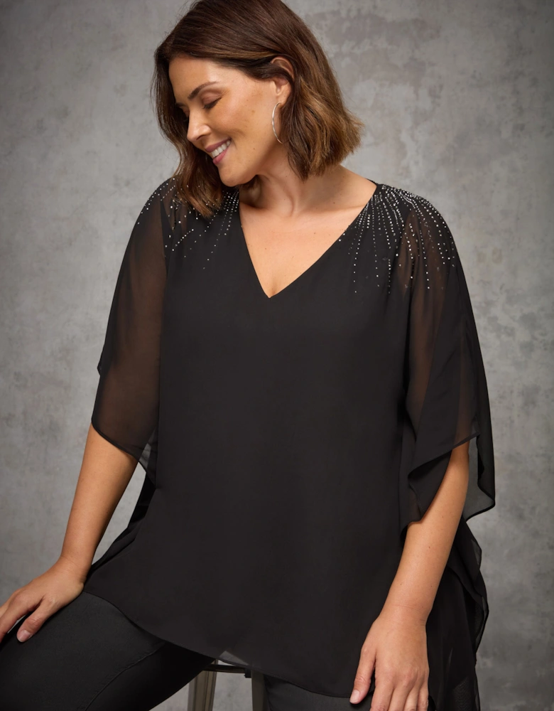 Black Embellished V Neck Overlay Top