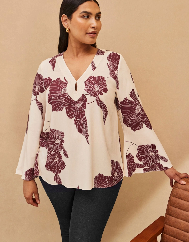 Burgundy Floral Print Keyhole Blouse