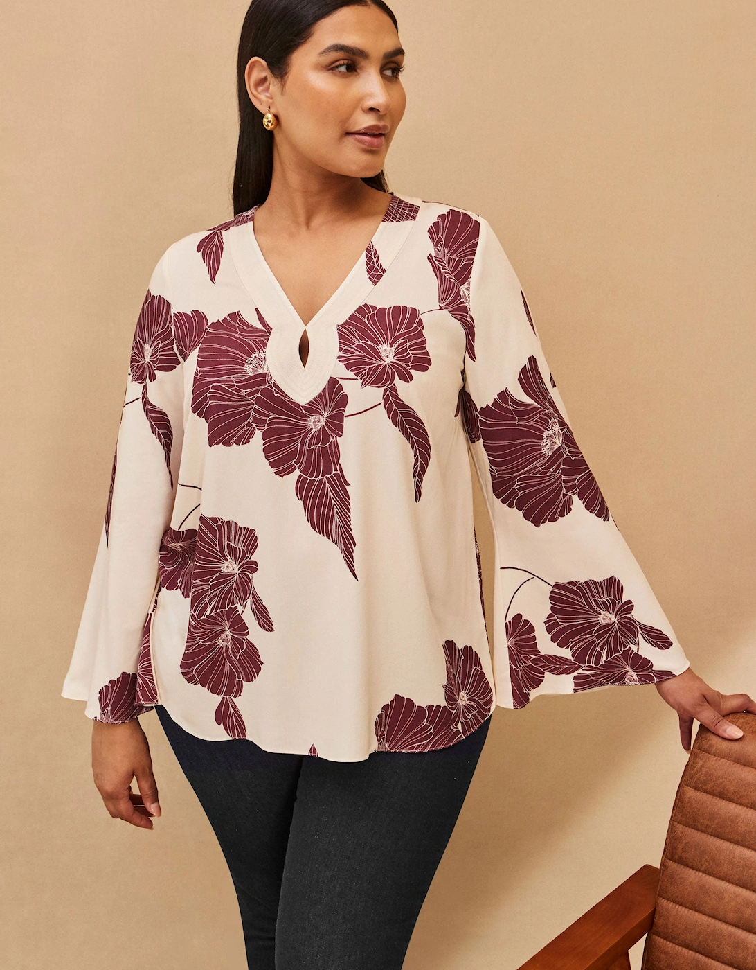 Burgundy Floral Print Keyhole Blouse