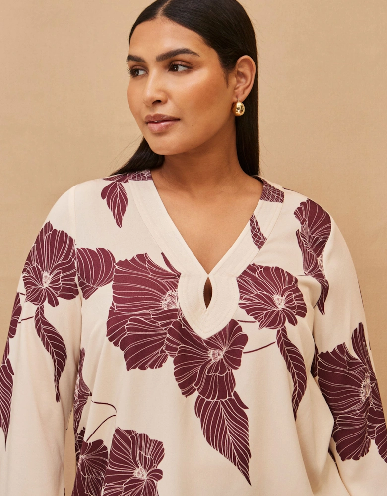 Burgundy Floral Print Keyhole Blouse
