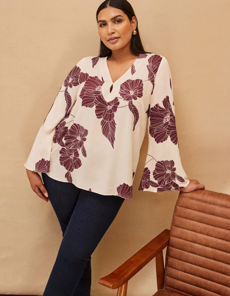 Burgundy Floral Print Keyhole Blouse