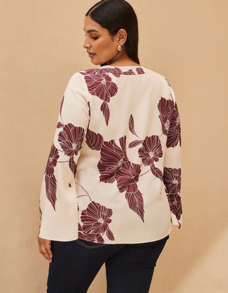 Burgundy Floral Print Keyhole Blouse