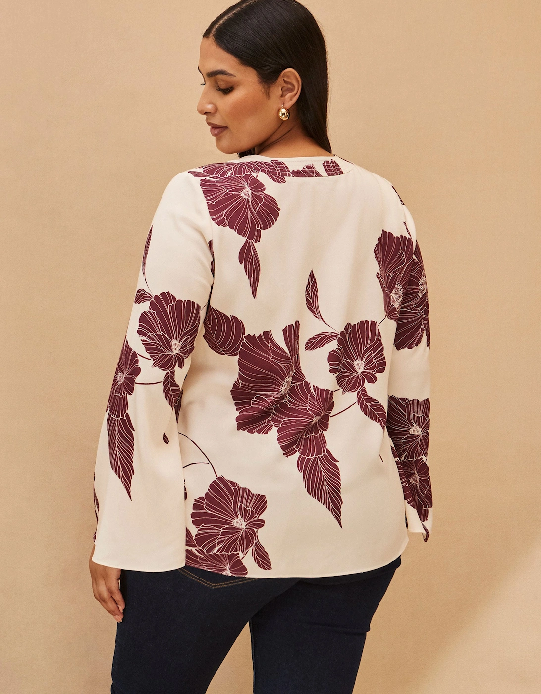 Burgundy Floral Print Keyhole Blouse