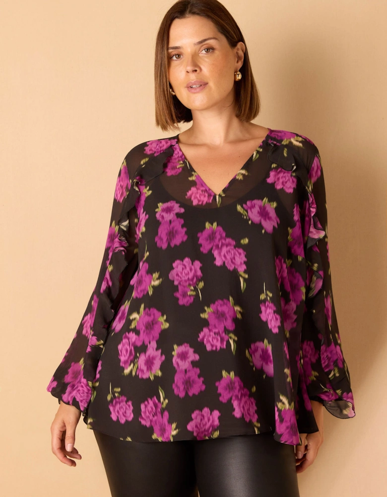 Purple Floral Print V Neck Ruffle Blouse
