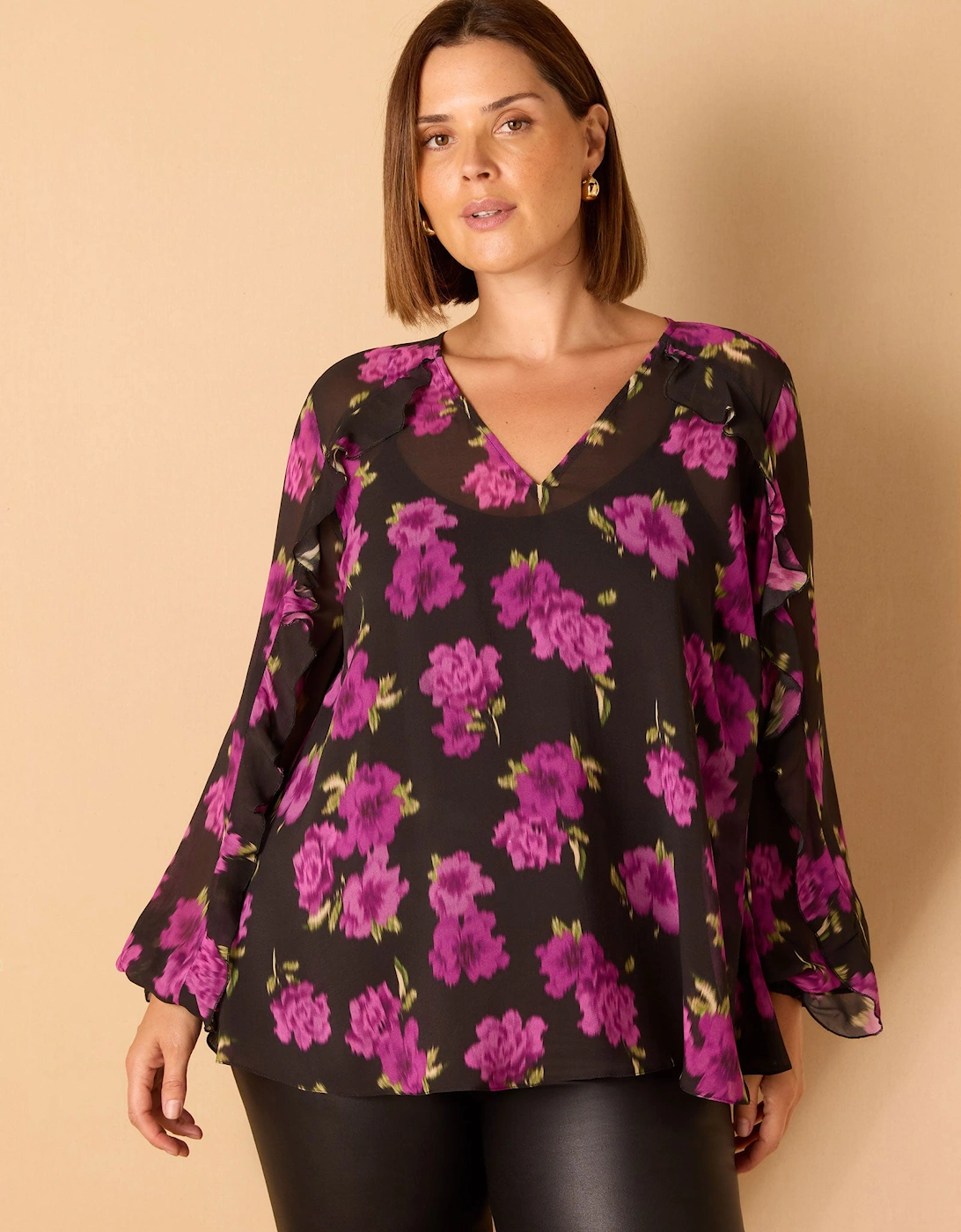 Purple Floral Print V Neck Ruffle Blouse, 9 of 8