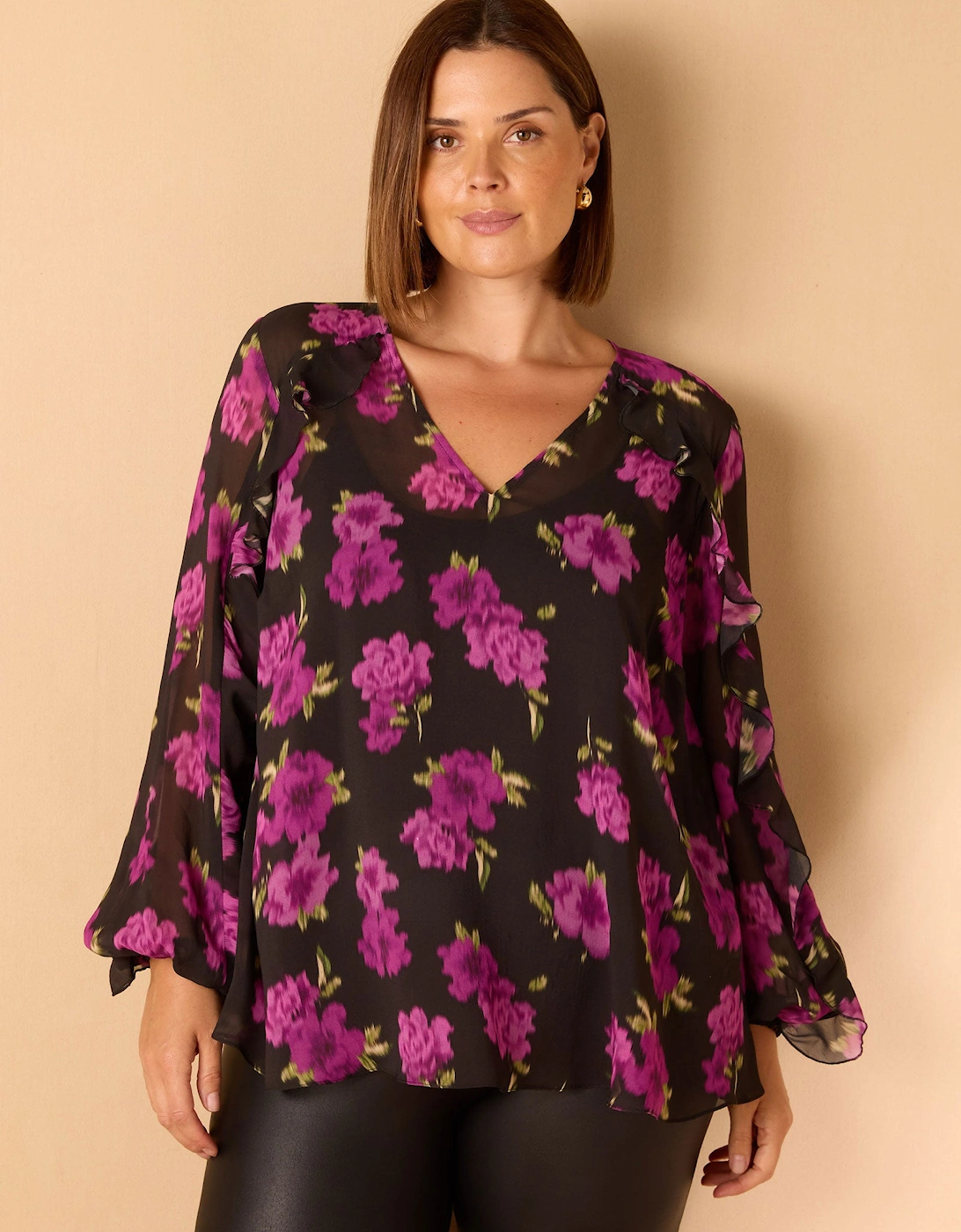 Purple Floral Print V Neck Ruffle Blouse
