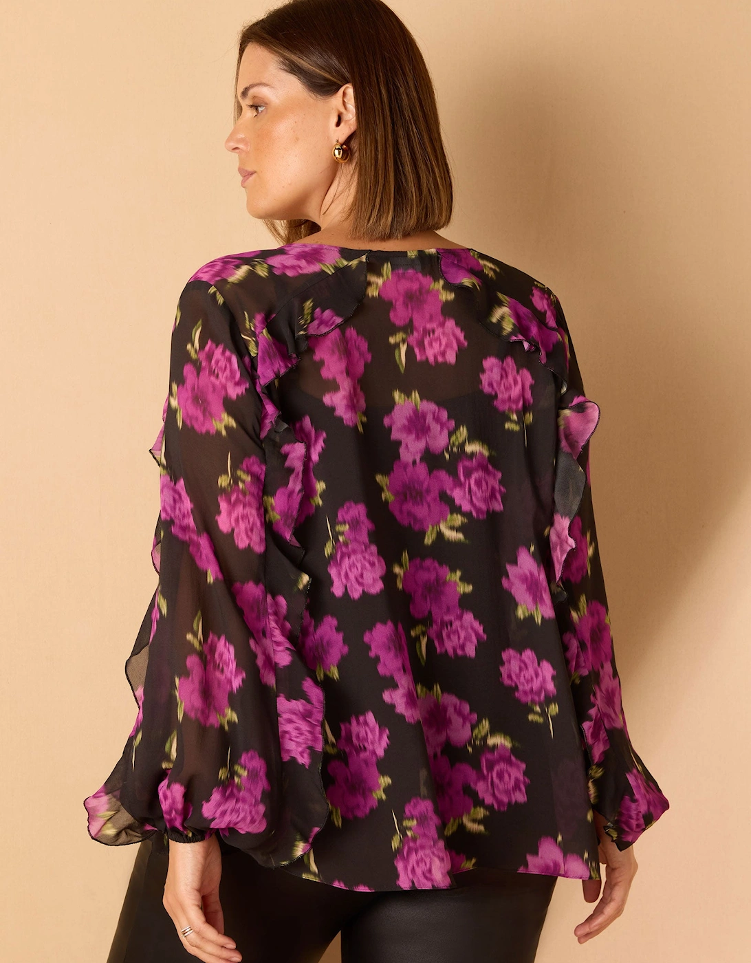 Purple Floral Print V Neck Ruffle Blouse