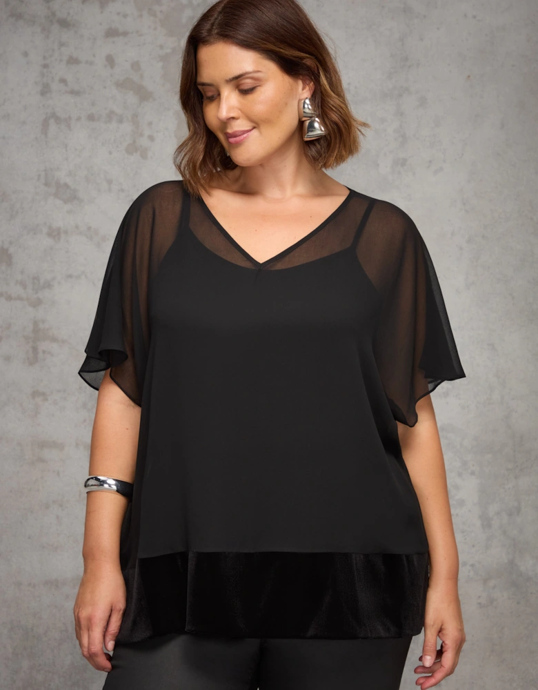 Black Velvet Trim Overlay Top