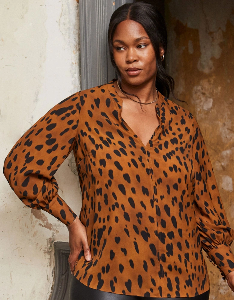 Brown Animal Print Nehru Collar Blouse