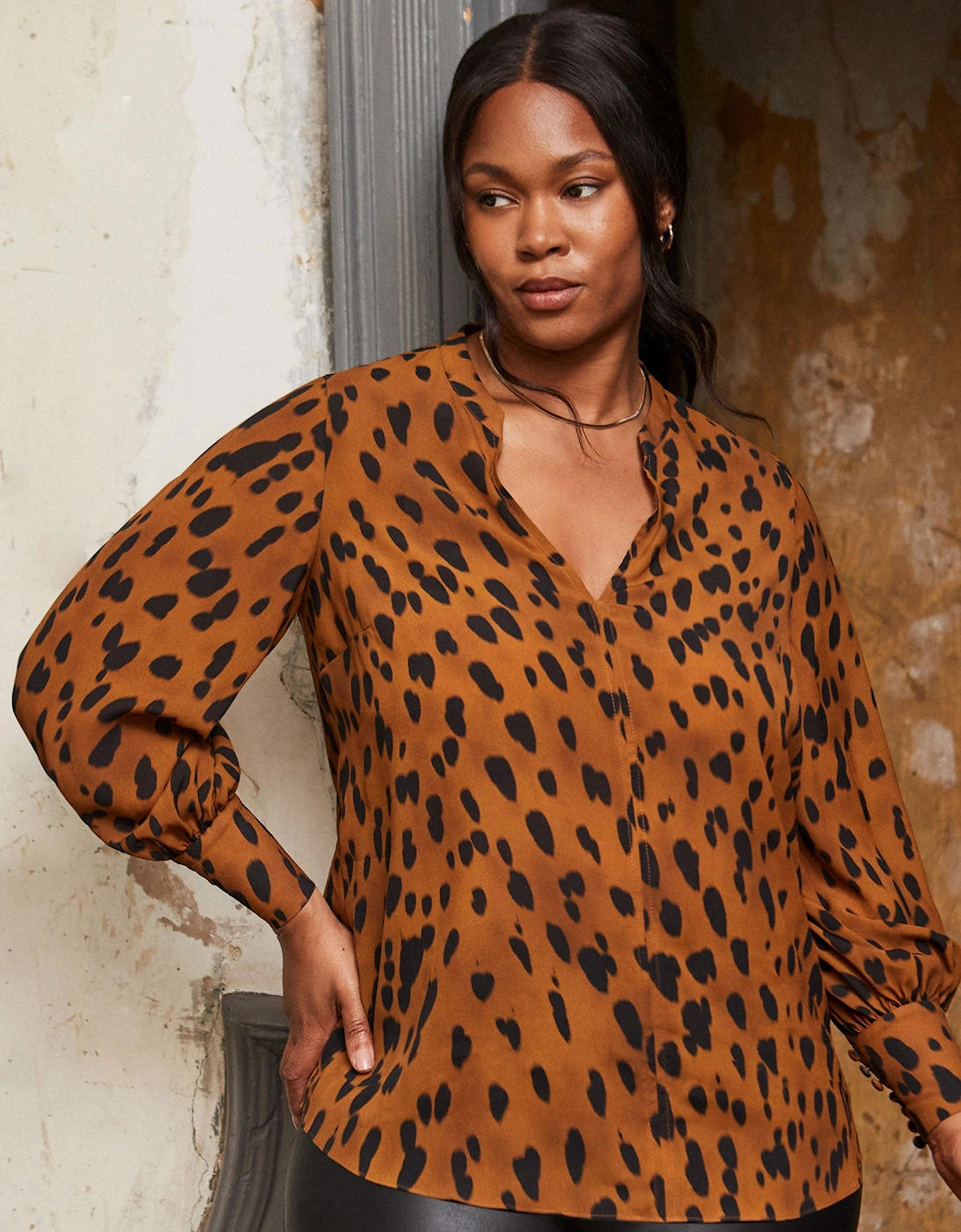 Brown Animal Print Nehru Collar Blouse, 6 of 5