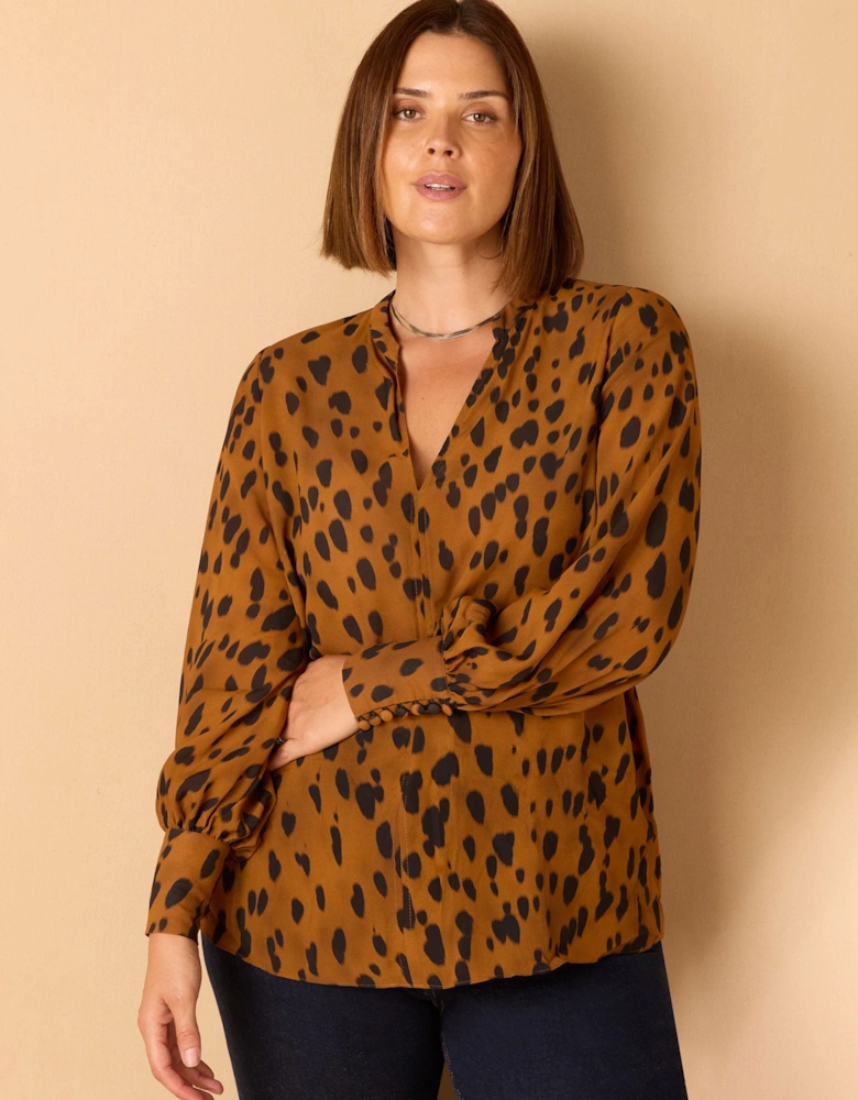 Brown Animal Print Nehru Collar Blouse