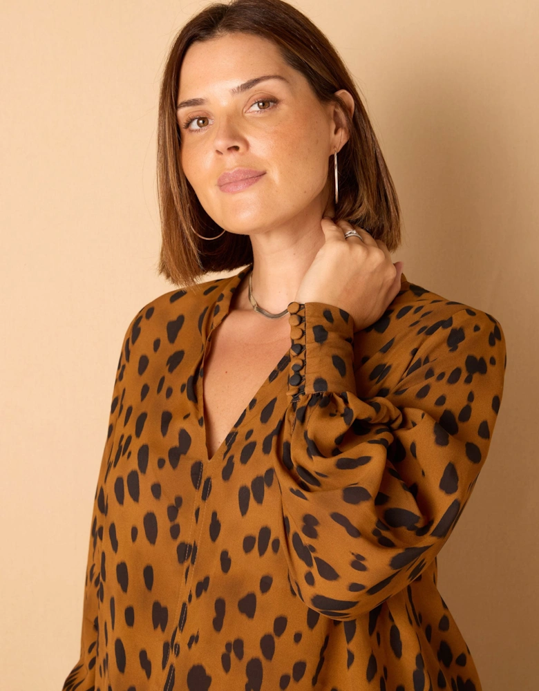 Brown Animal Print Nehru Collar Blouse