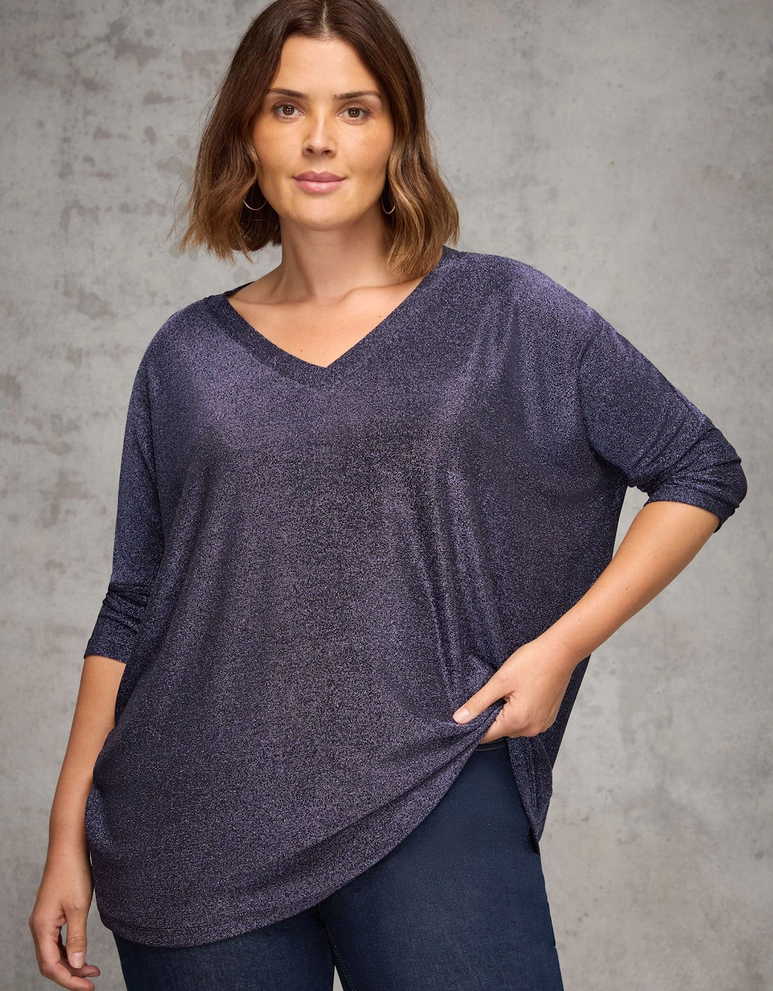 Live Unlimited London Live Unlimited London Women's Purple Sparkle Jersey  V Neck Top