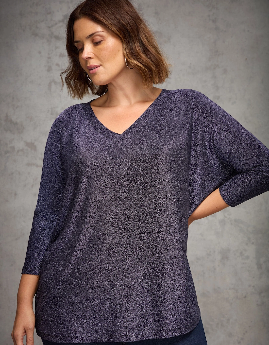 Purple Sparkle Jersey  V Neck Top