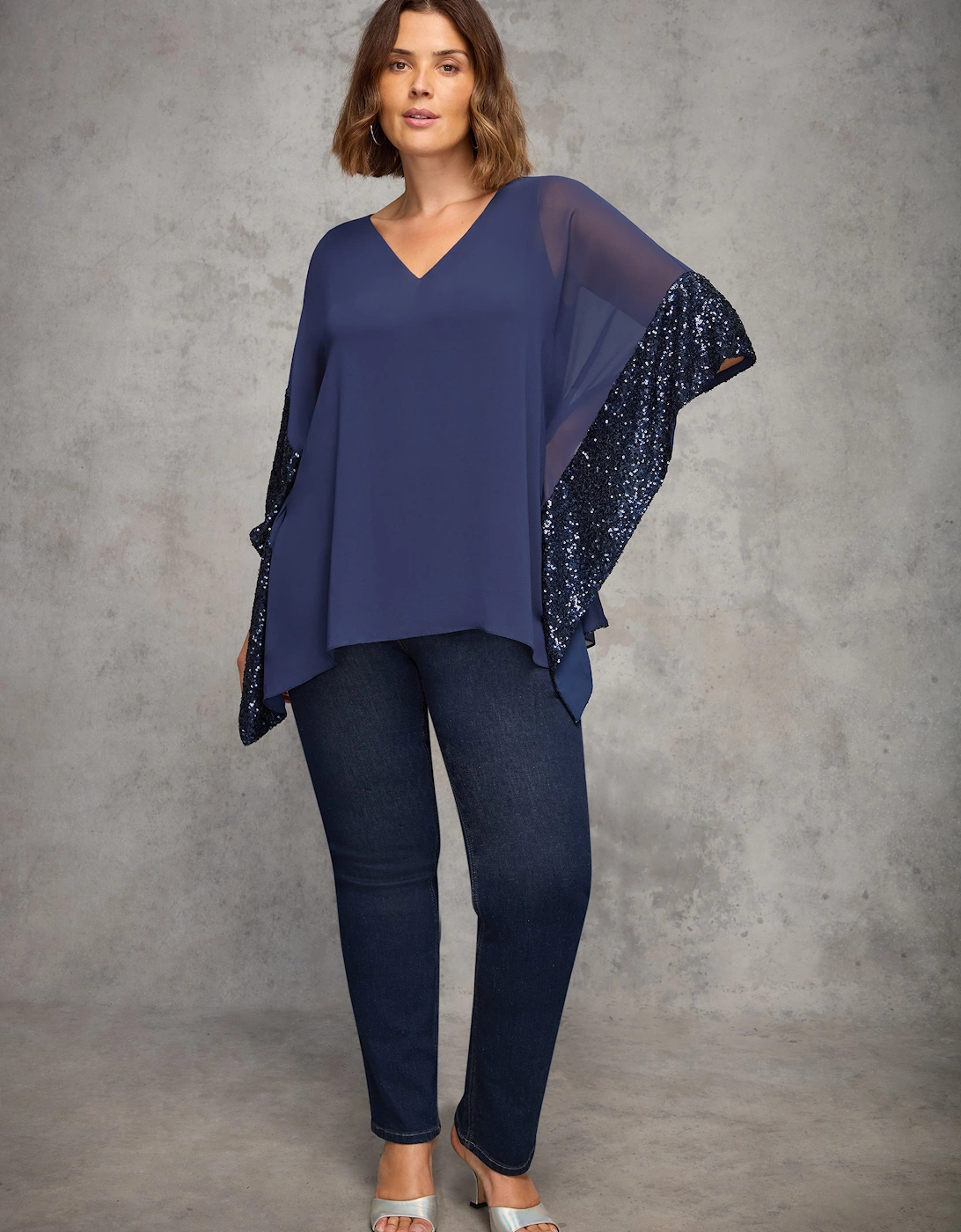 Live Unlimited London Live Unlimited London Women's Navy Overlay Top with Sequin Trim - Blue