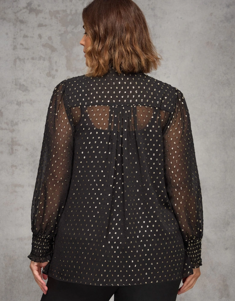 Black Metallic Spot Shirred Cuff Blouse