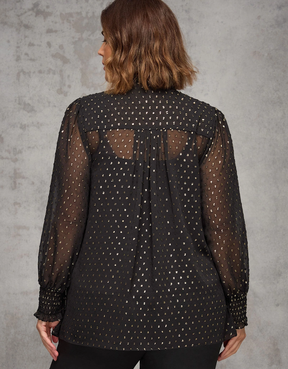 Black Metallic Spot Shirred Cuff Blouse
