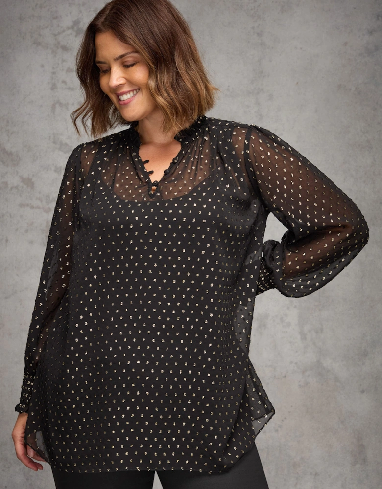 Black Metallic Spot Shirred Cuff Blouse