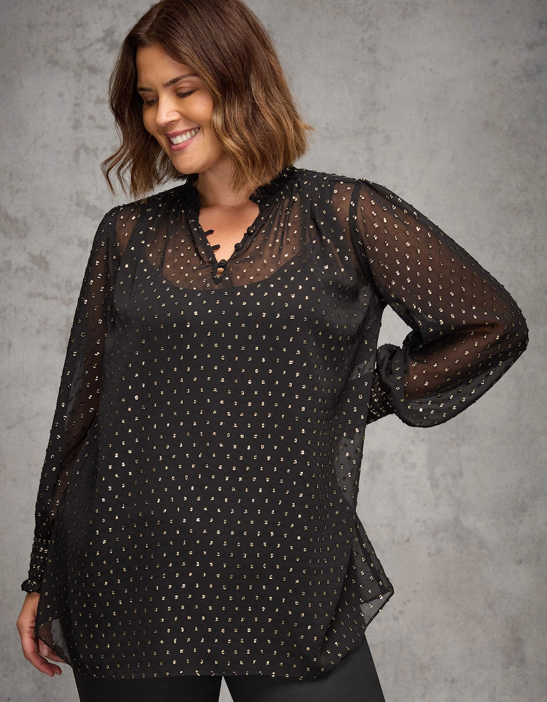 Black Metallic Spot Shirred Cuff Blouse