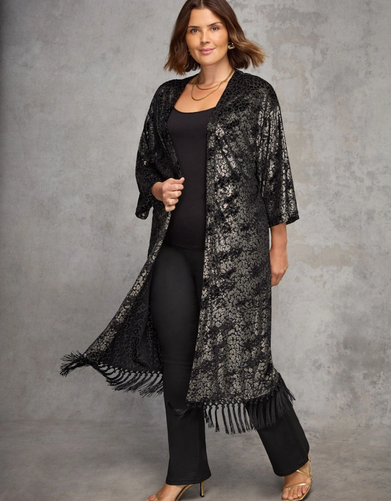 Gold Animal Velvet Burnout Fringe Kimono