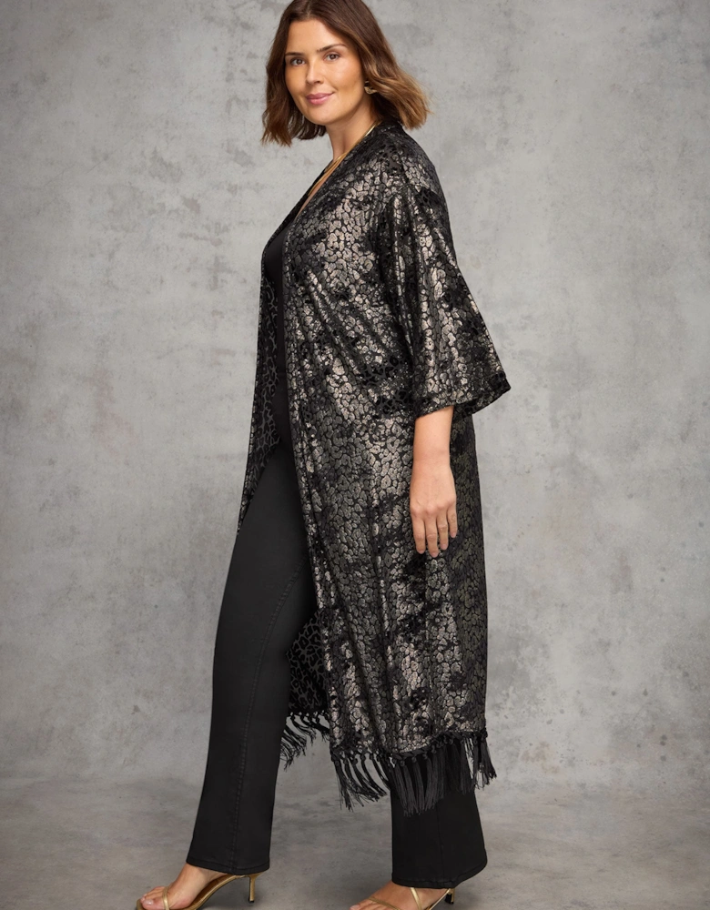 Gold Animal Velvet Burnout Fringe Kimono