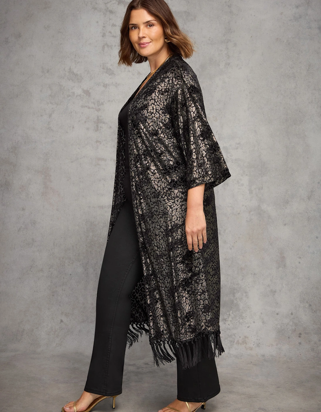 Gold Animal Velvet Burnout Fringe Kimono