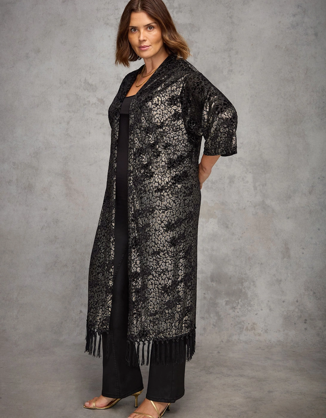 Gold Animal Velvet Burnout Fringe Kimono