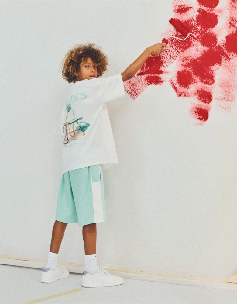 Boys White Mint Green Printed Top